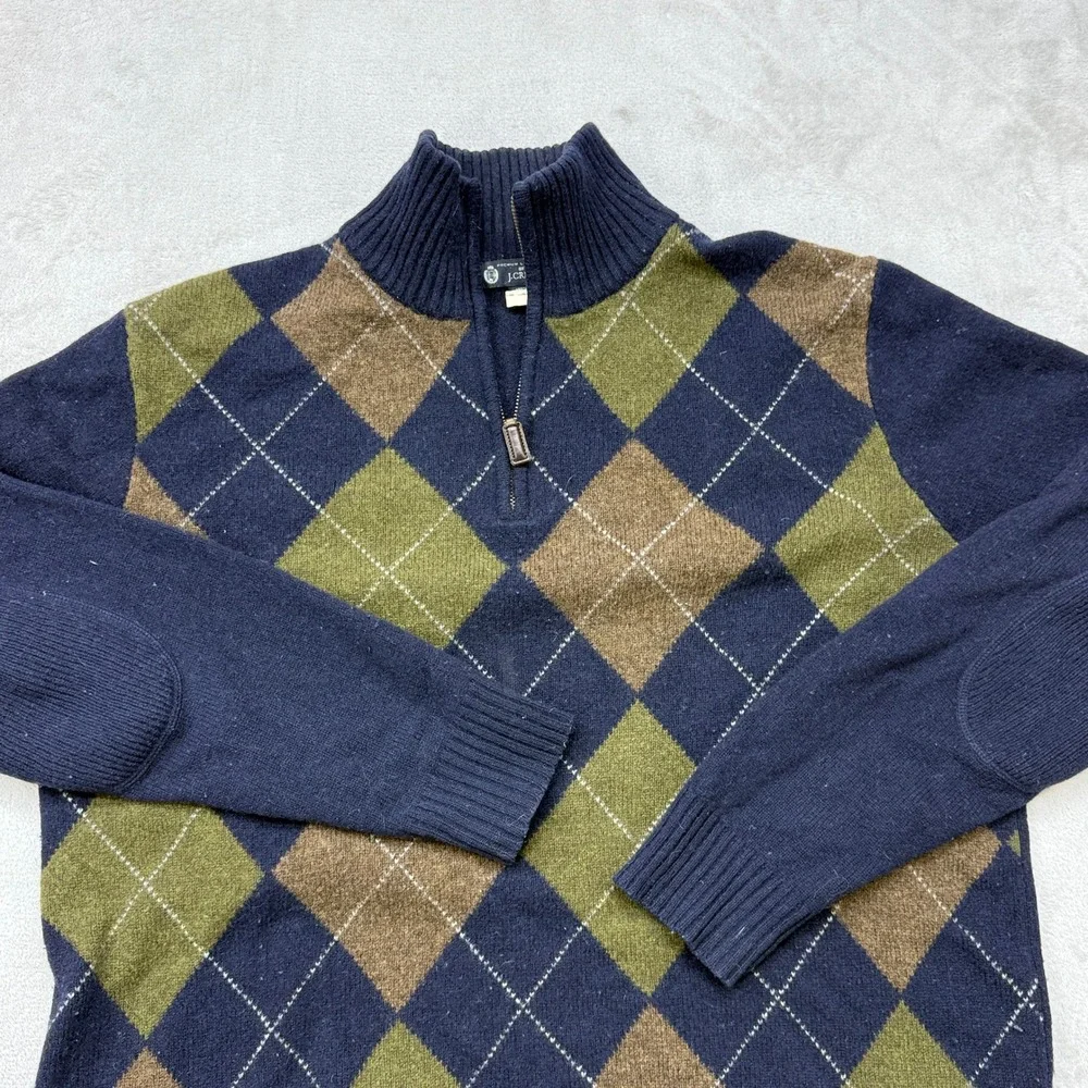 J. Crew Sweater Mens Large Navy Argyle 100% Lambswool Quarter Zip Elbow Patches